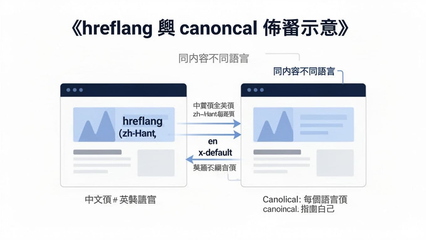 此資訊圖顯示中文（zh-Hant）與英文（en）頁面互相使用 hreflang 參照及 x-default，並各自 canonical 指向自身，強調同內容不同語言的多語言 SEO 佈署。乾淨扁平化設計，適合部落格文章使用。