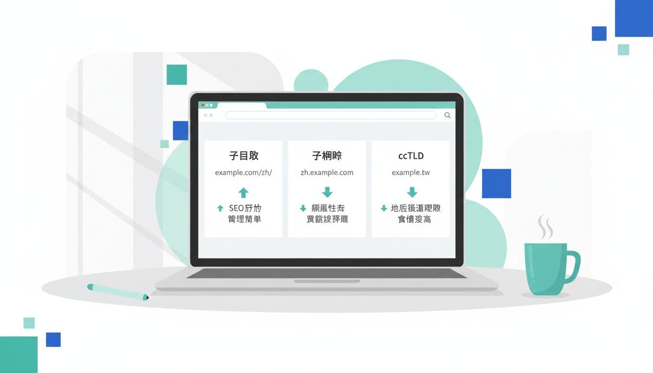 Clean flat-style illustration in Traditional Chinese displaying three multilingual website URL options: subdirectory (example.com/zh/), subdomain (zh.example.com), and ccTLD (example.tw) on a laptop screen with arrows showing pros and cons like SEO-friendly and easy management, set against a modern office desk background with soft lighting.