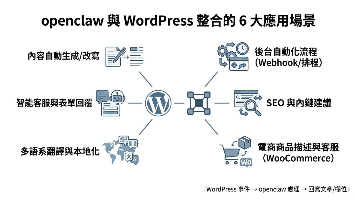 A clean, flat vector infographic on a white background with blue-gray tones, featuring a central WordPress logo connected to an openclaw icon, radiating out to six scenario blocks with icons and Chinese titles: content auto-generation, intelligent customer service, SEO suggestions, WooCommerce e-commerce, multi-language translation, and backend automation, plus a bottom-right workflow arrow.