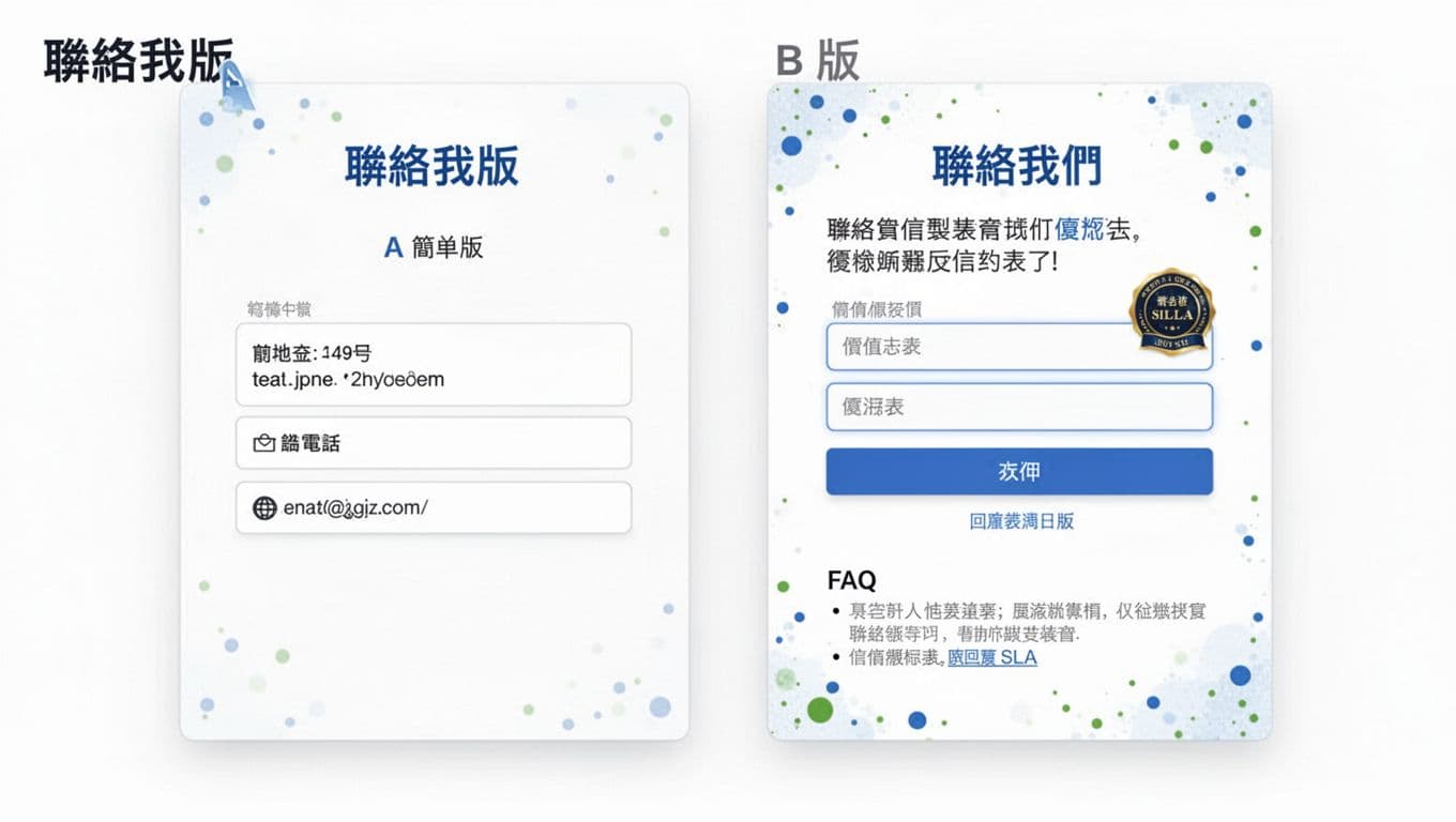 Side-by-side wireframes of simple (A) and optimized (B) SaaS contact us pages, featuring clean design with blue-green accents and placeholder text for marketing articles.