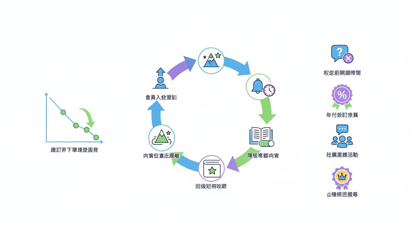Clean flat vector illustration in SaaS product design style depicting a central renewal cycle arrow with onboarding, value milestones, reminders, exclusive content, and pause options, alongside icons for retention strategies and a declining churn rate chart.