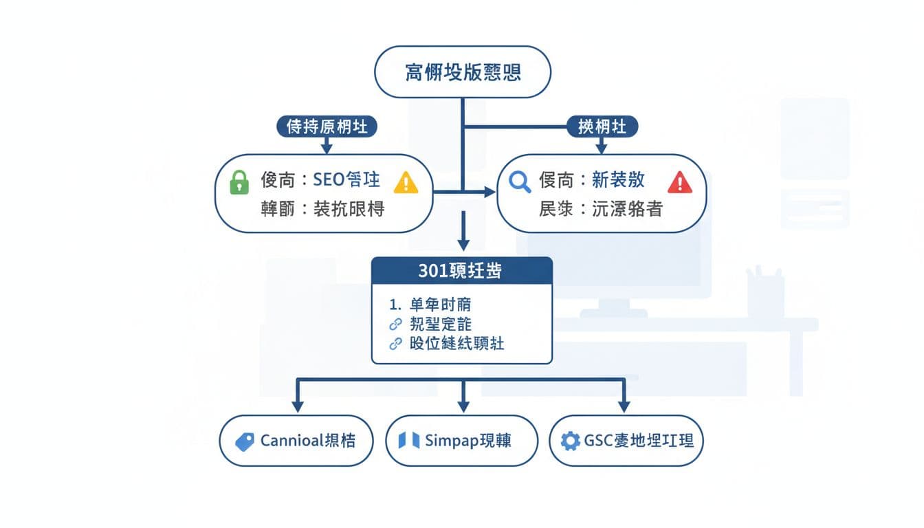 從官網改版需求開始的決策樹,分為維持原網址(SEO穩定但結構限制)與換網址(新結構但流量風險)兩路徑,中間強調301轉址、canonical標記、sitemap更新及GSC工具等SEO優化步驟。乾淨扁平化向量圖,藍灰色調,landscape比例。