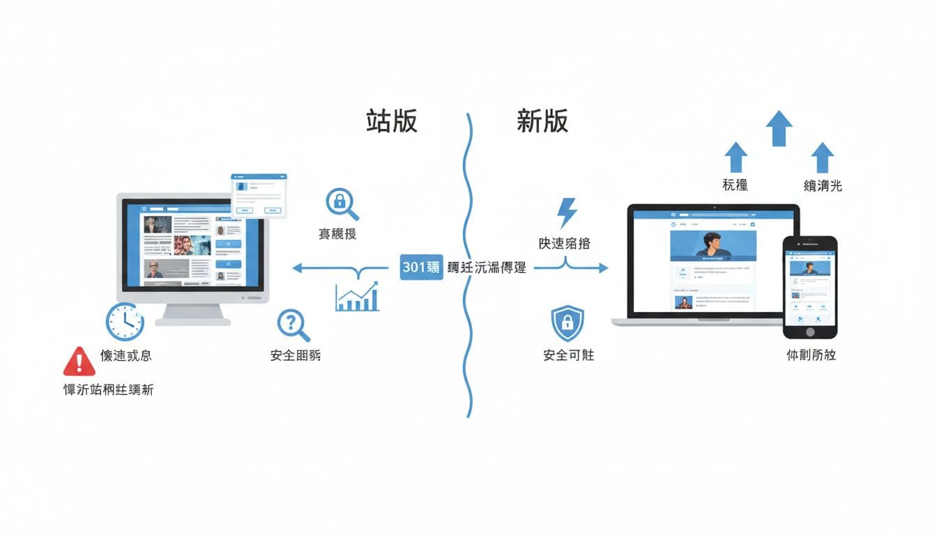 前景左側顯示舊網站雜亂介面、慢速載入與過時設計,右側新網站乾淨現代、快速響應與行動優先,背景SEO指標如流量、排名、轉換率呈現上升箭頭。包含電腦螢幕、301轉址圖表與警示元素,乾淨扁平化向量風格。