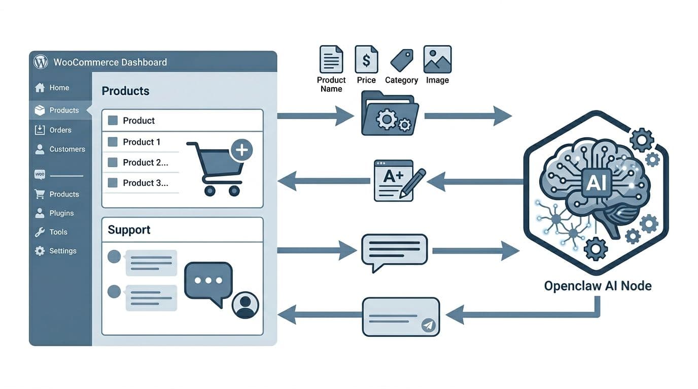 A flat blue-gray vector diagram illustrating the WooCommerce store backend interface connected to OpenClaw AI node, showing automated product description generation and customer reply workflows with icons for shopping cart, chat bubble, AI brain, and central arrow flow from product data to generation and updates.