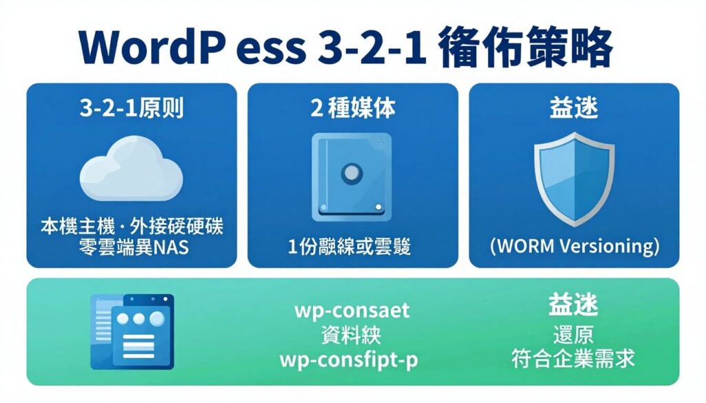 WordPress 備份怎麼做才安全, 3-2-1 備份策略與還原演練 (WordPress 備份還原)