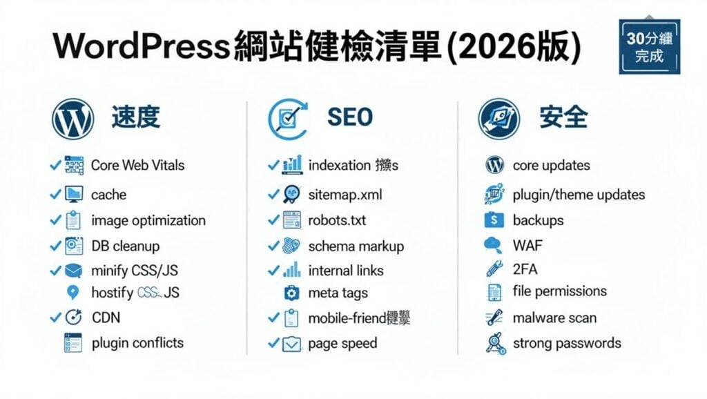 WordPress網站健檢清單(2026版),用30分鐘找出速度, SEO, 安全的高風險點