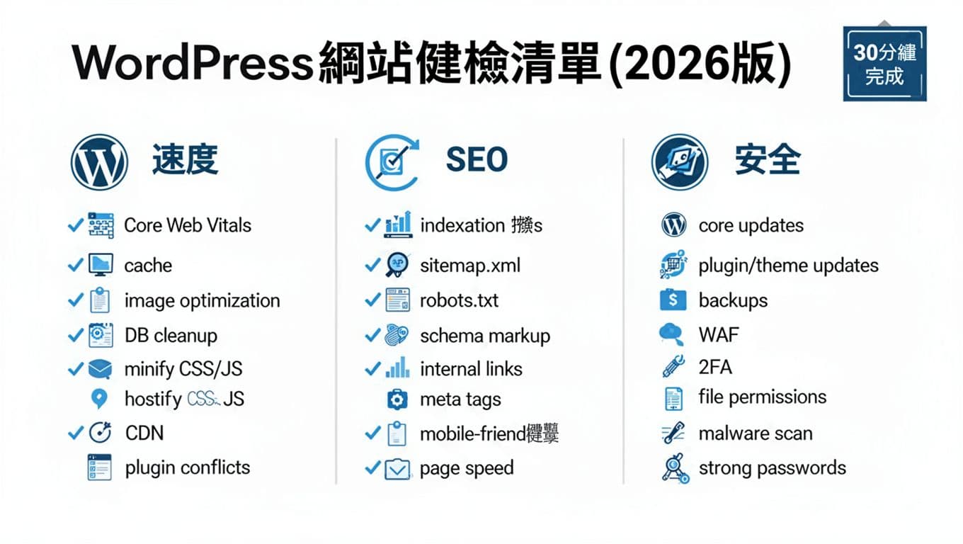 WordPress網站健檢清單(2026版),用30分鐘找出速度, SEO, 安全的高風險點