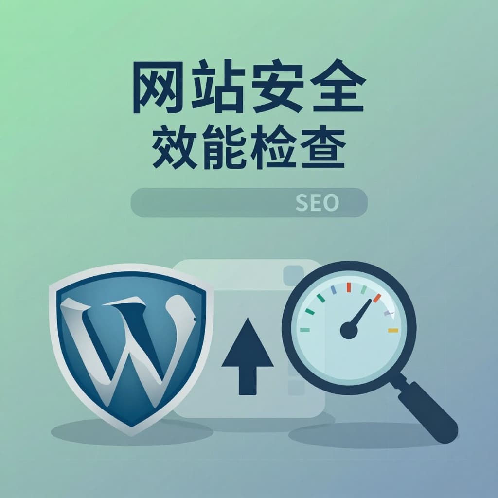 Modern flat dashboard infographic for WordPress site security and performance maintenance, with shield icon, speedometer, update arrows, SEO magnifier, and Traditional Chinese text '網站安全' and '效能檢查' on a clean blue-green-gray gradient background.