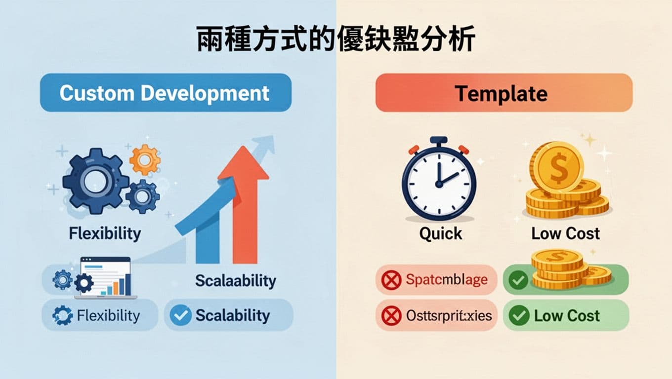 Simple infographic comparing pros and cons of custom development (flexibility gear, scalability arrow) and templates (quick clock, low cost coin) in a balanced split composition with vibrant flat design.