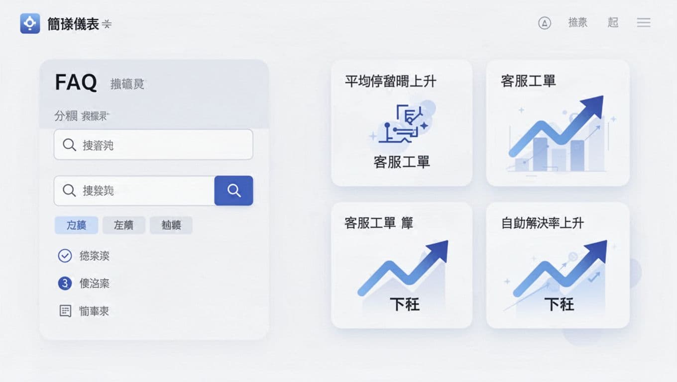 Clean, professional SaaS dashboard mockup in landscape format, featuring left-side FAQ section with search box and category tags, right-side performance cards showing rising average dwell time, falling customer service tickets, and rising self-service rate via abstract charts and arrows. Modern vector illustration with ample whitespace, neutral colors accented by blue, no text, logos, faces, people, devices, or extra elements.