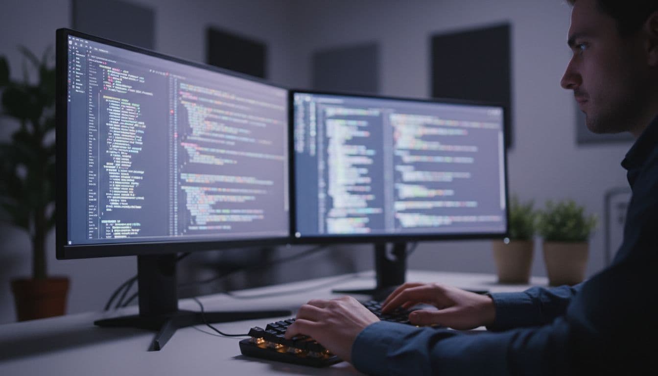A developer codes a custom website on dual monitors in a professional studio, with blurred code snippets, focused on keyboard and screens under dim ambient lighting with screen glow.