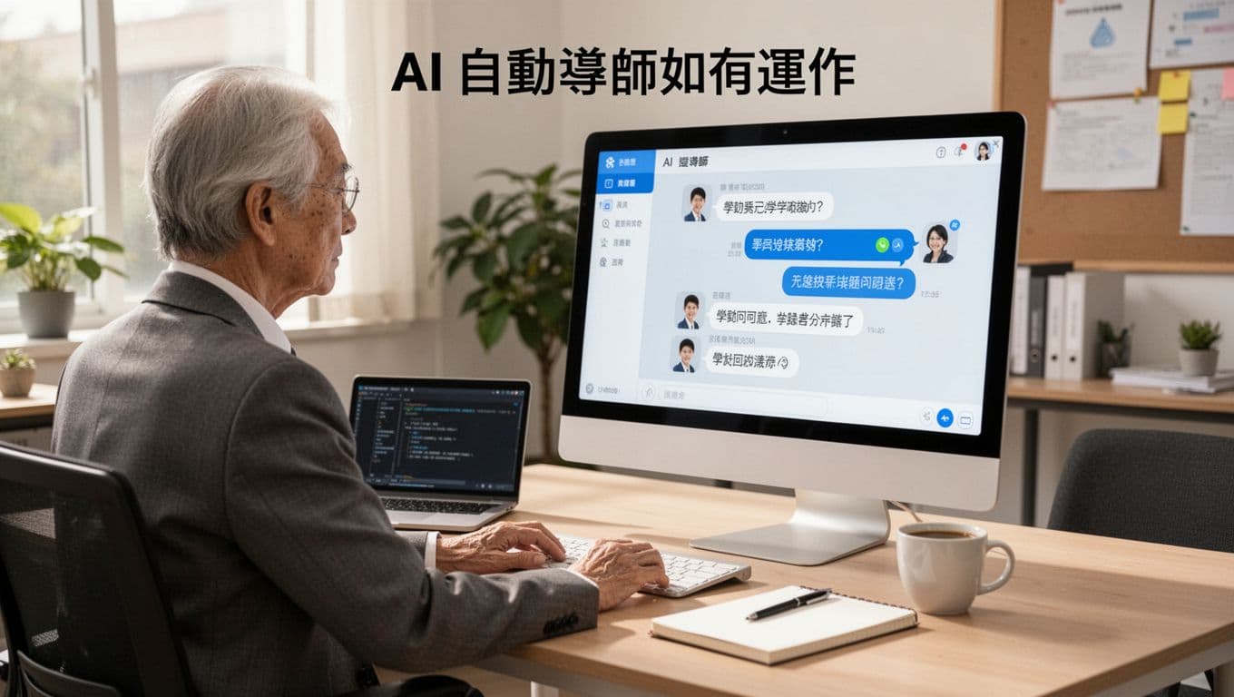A teacher at a computer in a comfortable office views an AI auto-tutor interface displaying student questions and real-time AI responses, with a notebook, coffee cup on the desk, soft natural light, and bright professional style.