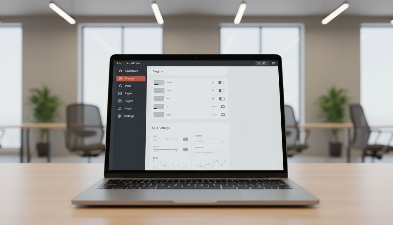A laptop screen in a modern office displays the website management backend showing plugins list and SEO settings page, with soft lighting and professional style, no text or watermarks.