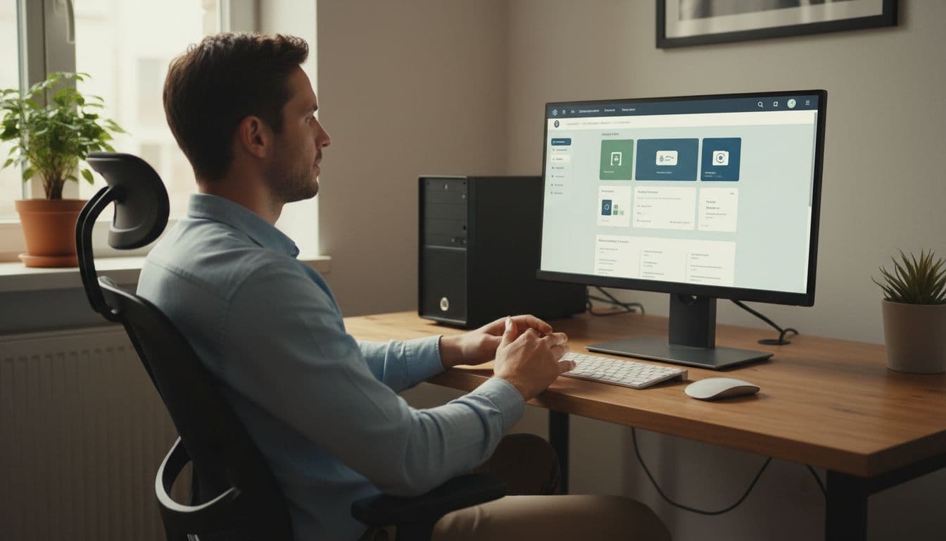 WordPress admin dashboard displayed on a computer screen in a cozy small business office, with one relaxed person sitting at the desk, simple modern theme, realistic photo style.