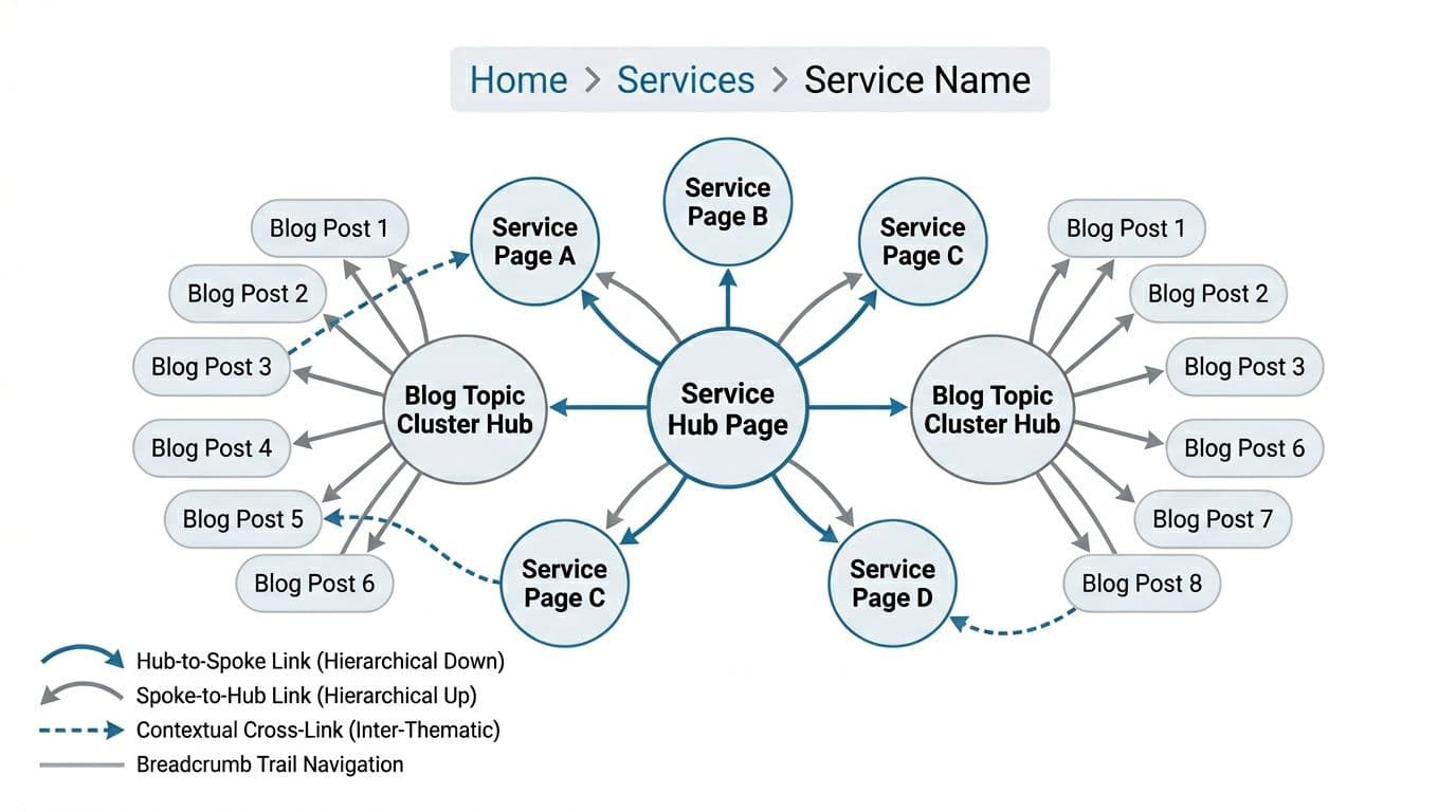 Clean modern vector infographic diagram in landscape ratio depicting WordPress internal linking for SEO sites, with central Service Hub Page, branching Service Pages, connected Blog Topic Cluster Hub, Blog Posts, cross-links, breadcrumb example, and link type legend using WordPress blue-gray colors on white background.