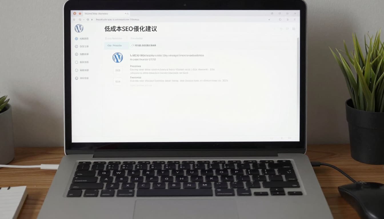 Realistic illustration of WordPress admin dashboard displaying blurred SEO plugin settings screen on a desktop computer in a simple office environment with keyboard and mouse, natural light.