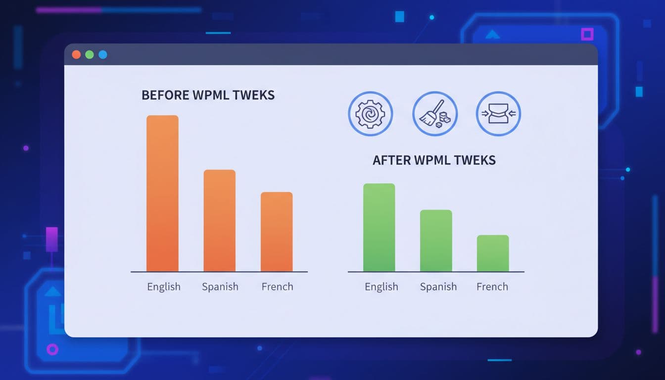 Illustration of a website performance graph showing improved loading speeds for multilingual pages before and after WPML tweaks, with icons for caching, database cleanup, and image compression in modern flat design.