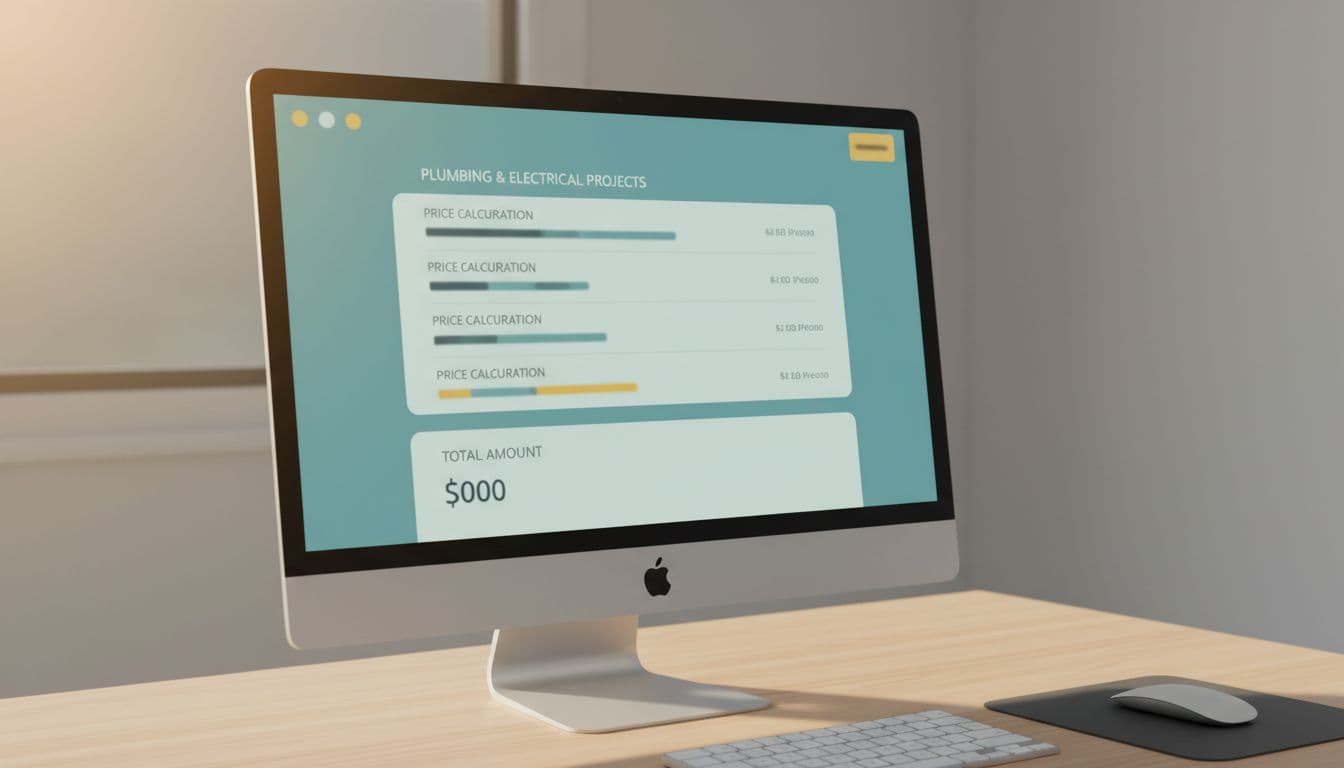 Concise schematic of an AI auto-quotation dashboard on an angled computer screen above an office desk, displaying water and electricity project lists, price calculations, and totals in modern flat design with soft lighting. Exactly one screen, no readable text, no people, no watermarks, full edge-to-edge visual content.