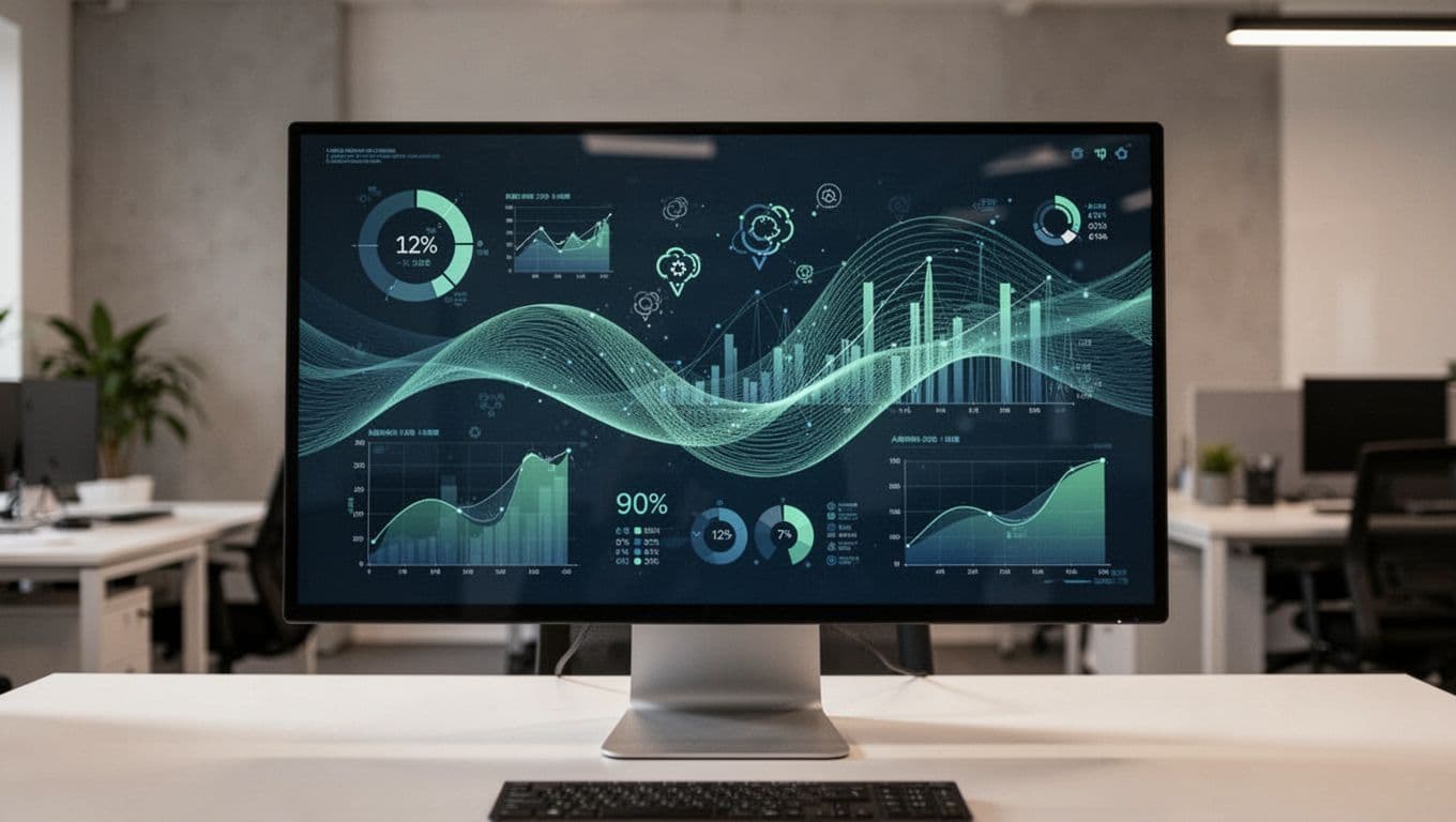 Schematic of a clean modern UI for an AI automated management system, featuring sales tracking, inventory management, and customer notification modules with blue-green tones, charts, and icons showing data flow from a desktop perspective.