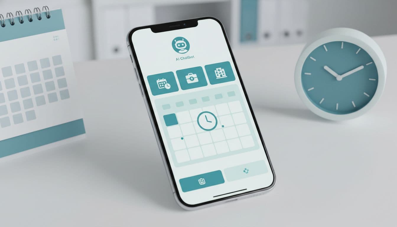 A realistic close-up of a patient's mobile phone screen showing an AI chatbot interface with a clinic appointment menu, accompanied by a calendar and clock on a calm office desk, featuring simple modern UI in blue-green tones and soft lighting.