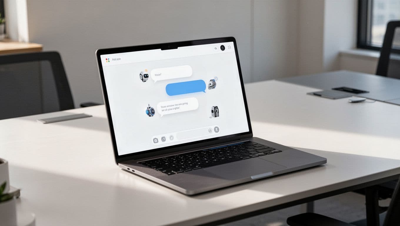 AI customer service chatbot interface on a laptop screen showing simple conversation bubbles and nearby product icons, set on a comfortable modern minimalist office desk with soft lighting.