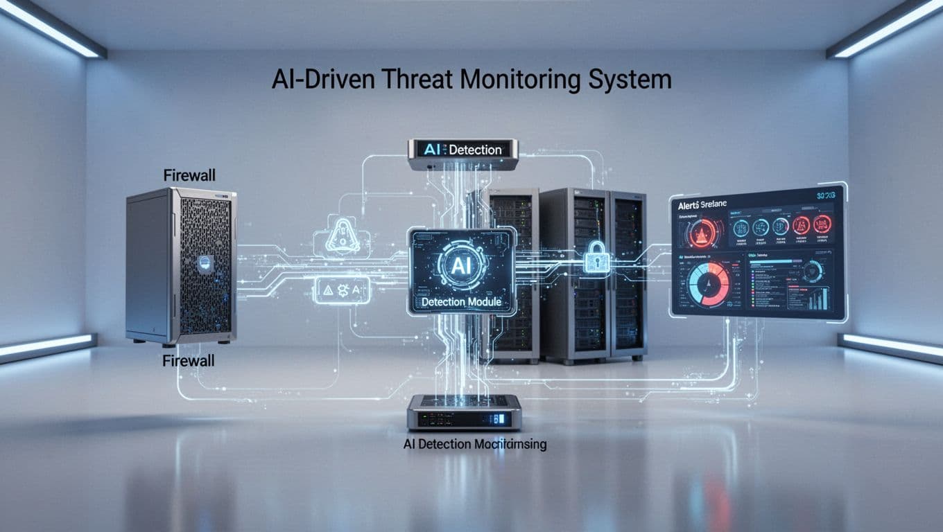 Enterprise-level tech-style infographic displaying the architecture of an AI hacker threat monitoring system, including firewall, AI detection modules, servers, and alert dashboards. Clean modern B2B style dominated by blue tones, single-focus chart with no people, text, watermarks, or extra elements.