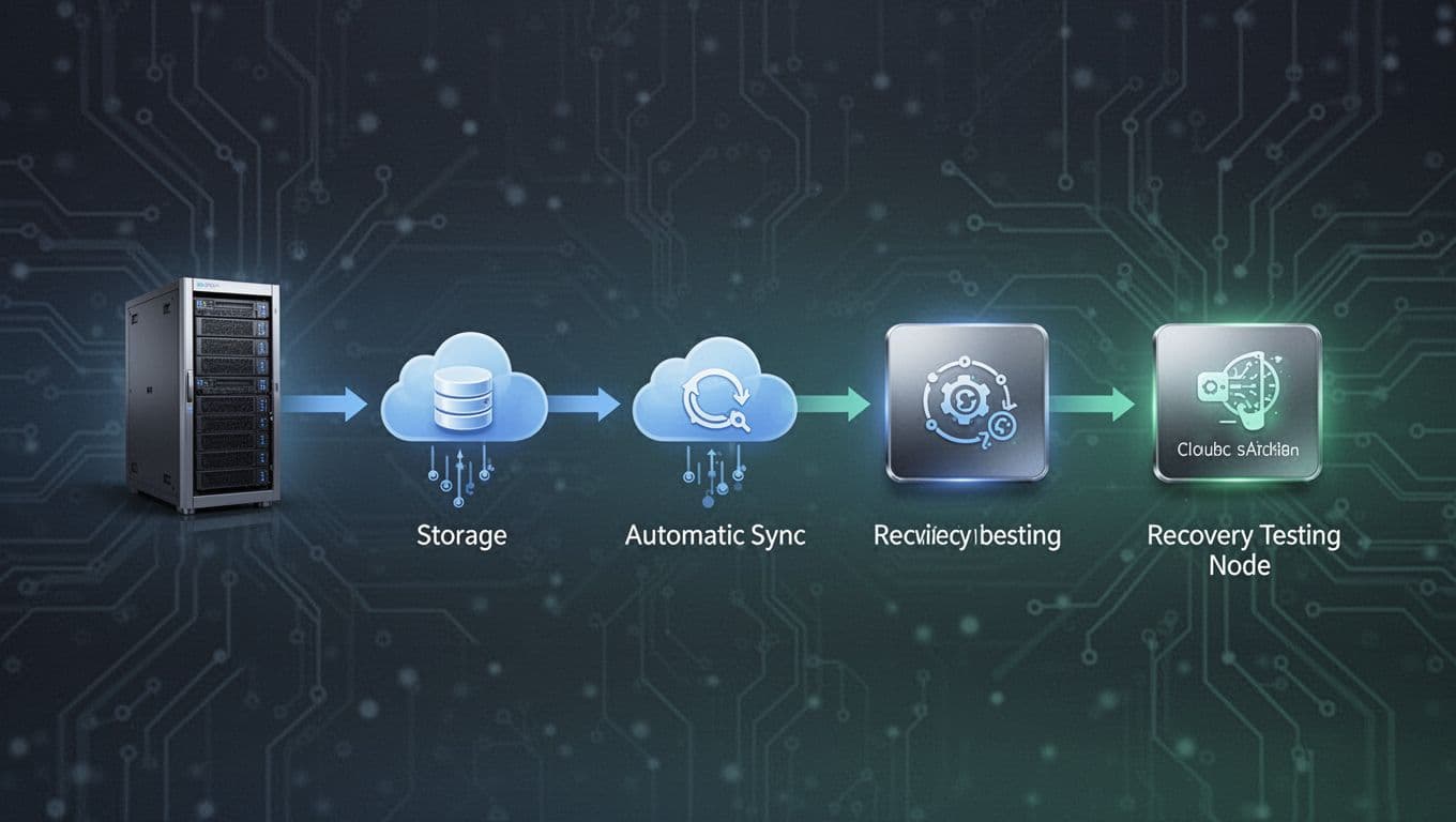 Enterprise-level tech infographic depicting the data automatic backup and disaster recovery process, from server to cloud backup, automatic sync, and restore testing. Modern B2B style flowchart in green-blue tones with clear arrow connections, no people, text, or watermarks.
