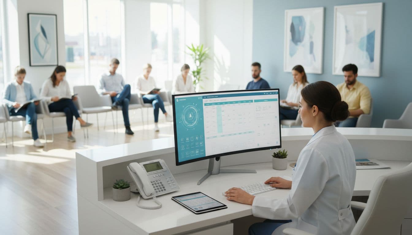 A front desk receptionist in a modern, bright clinic uses a computer to view an AI assistant interface, with patients in the waiting area background, desk featuring phone and tablet, wide landscape composition under natural daylight.