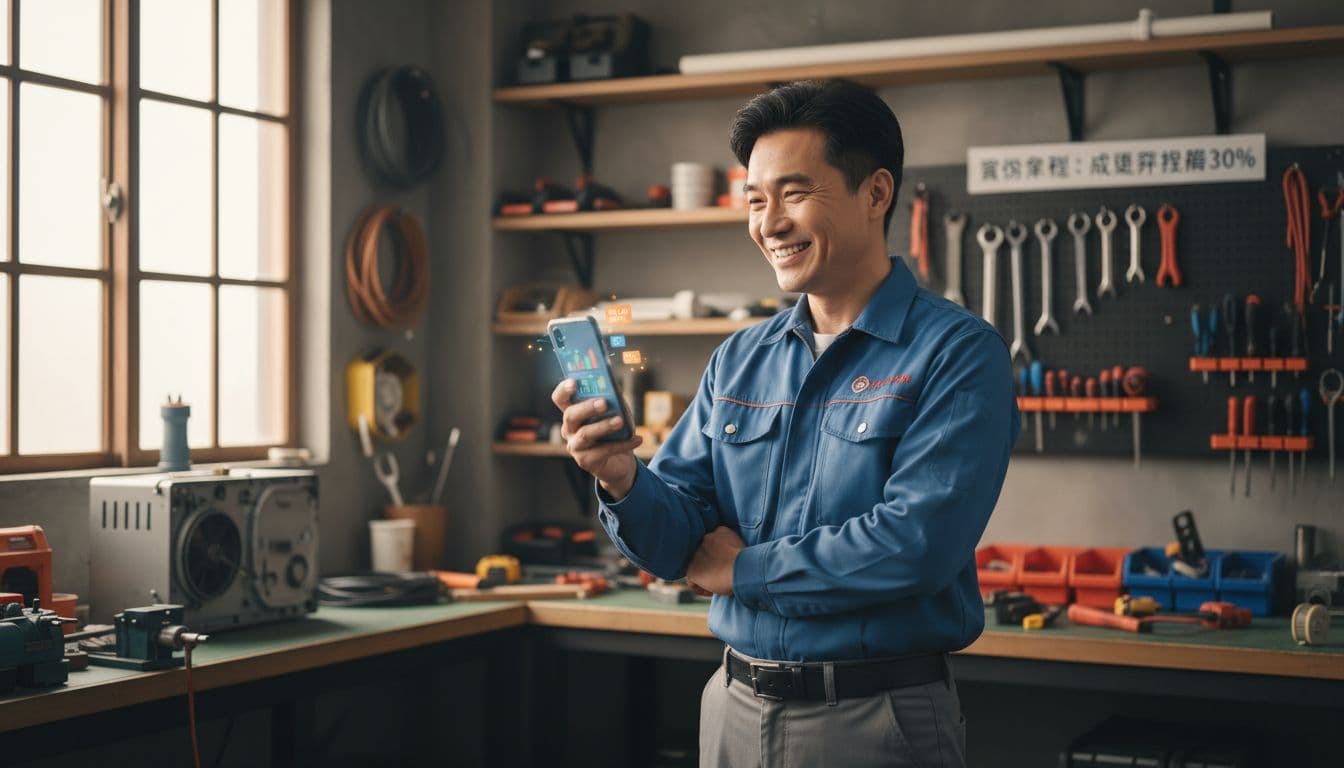 Smiling electrician and plumber business owner reviews blurred order notifications and sales data charts on his phone app in a workshop with natural light, realistic style.