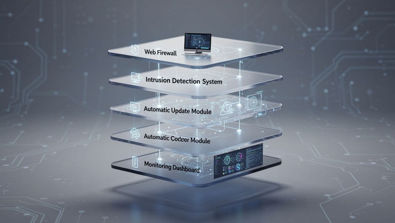 Professional diagram showcasing high-level operational protection layers for business websites, including WAF, intrusion detection, automatic updates, and monitoring dashboard in a clean modern B2B style with gray-blue tones.