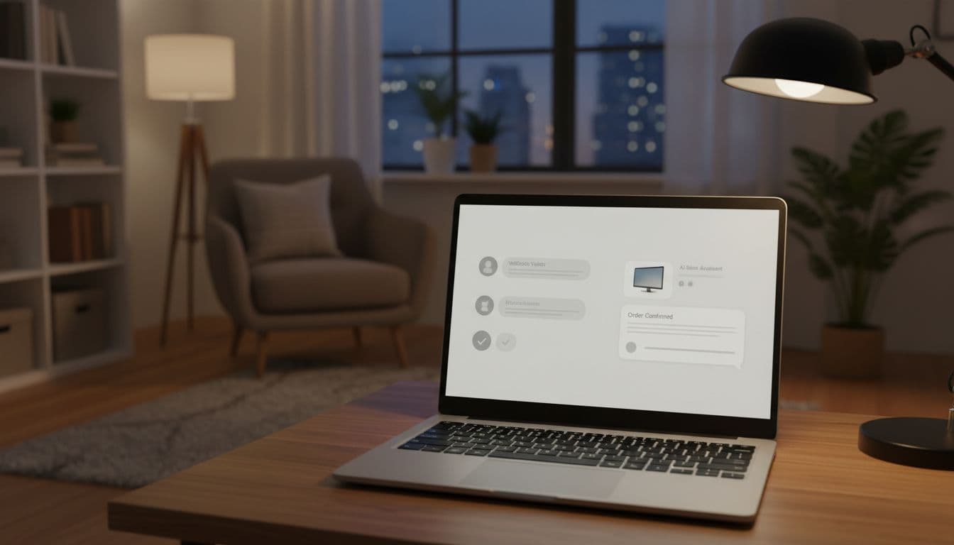 Laptop screen shows chat bubbles with product recommendation and order confirmation in cozy evening home office with warm lamp light.
