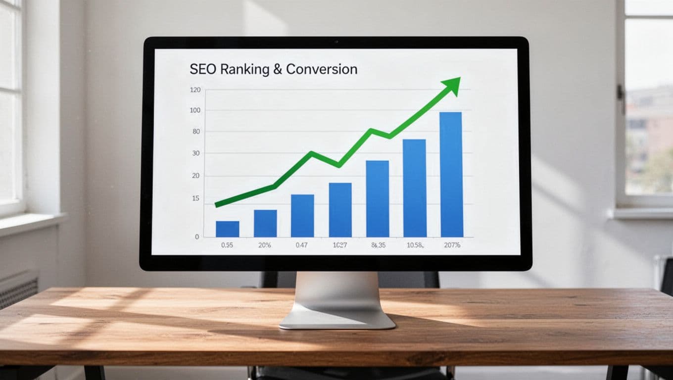 Computer screen on wooden desk shows rising green SEO ranking line and growing blue conversion bars.