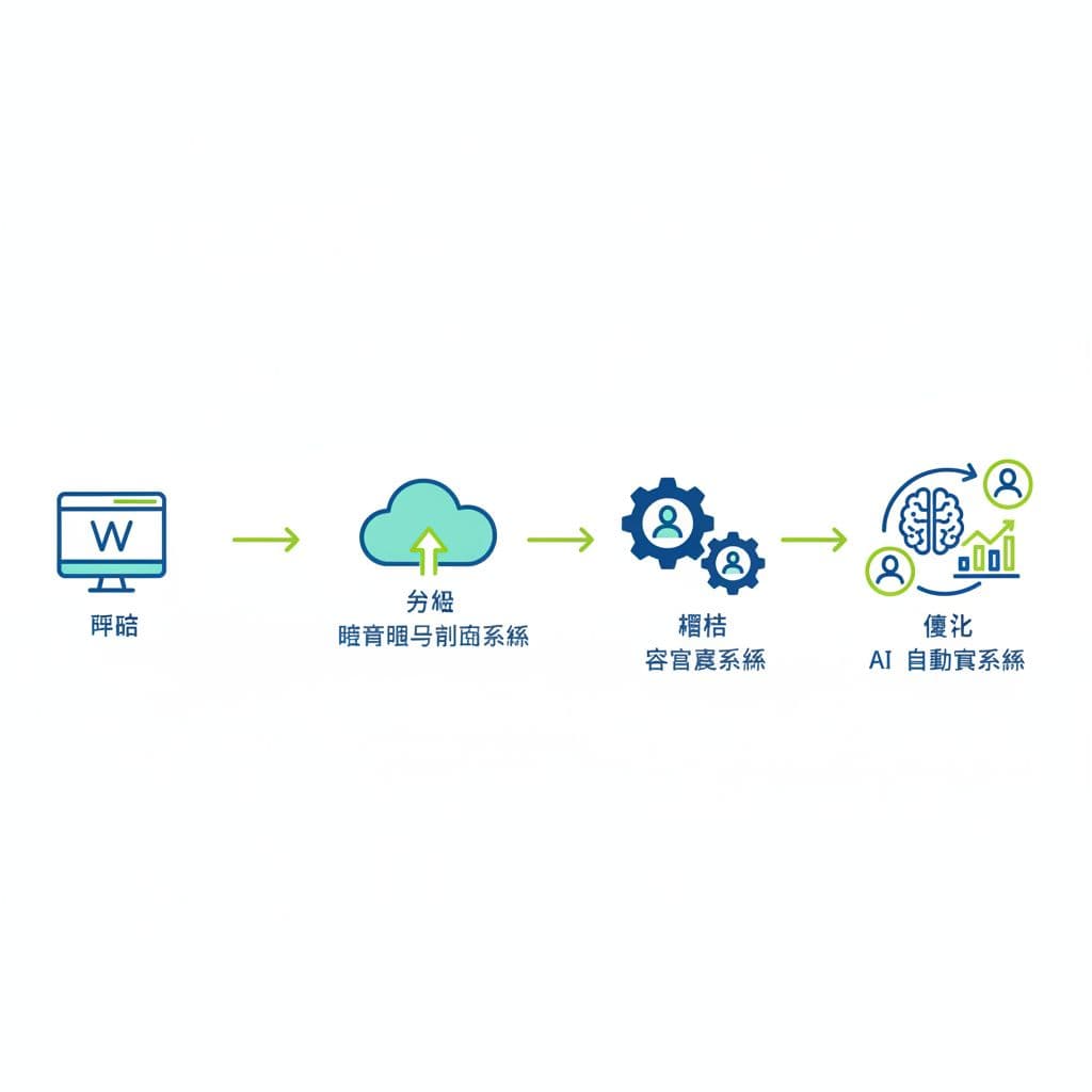 Blue-green flat icons form flowchart from website to AI customer system via gear, cloud, and steps.