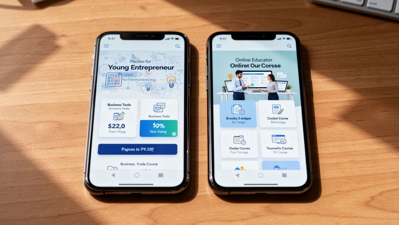 Split screen comparison of a landing page adapting for a young entrepreneur (left) with business tools and pricing, and an educator (right) with online course features, on two smartphones side by side on a wooden desk, photorealistic with natural daylight.
