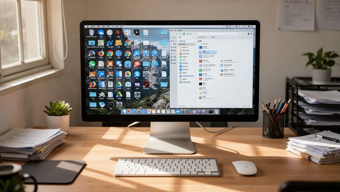 Clean Taiwanese office desk with computer screen split: left cluttered plugin icons, right tidy ones, sunlight streaming in.