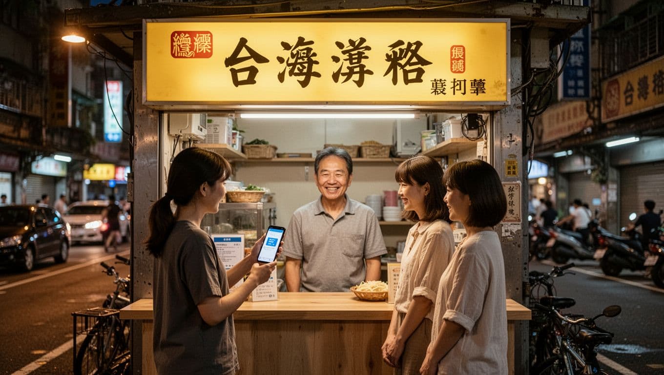 Lit entrance sign of a Taiwan small shop at night, customer scans QR code with phone to enter LINE chat, owner smiles from behind amid lively street atmosphere and warm yellow lights, realistic photo style with exactly two people.