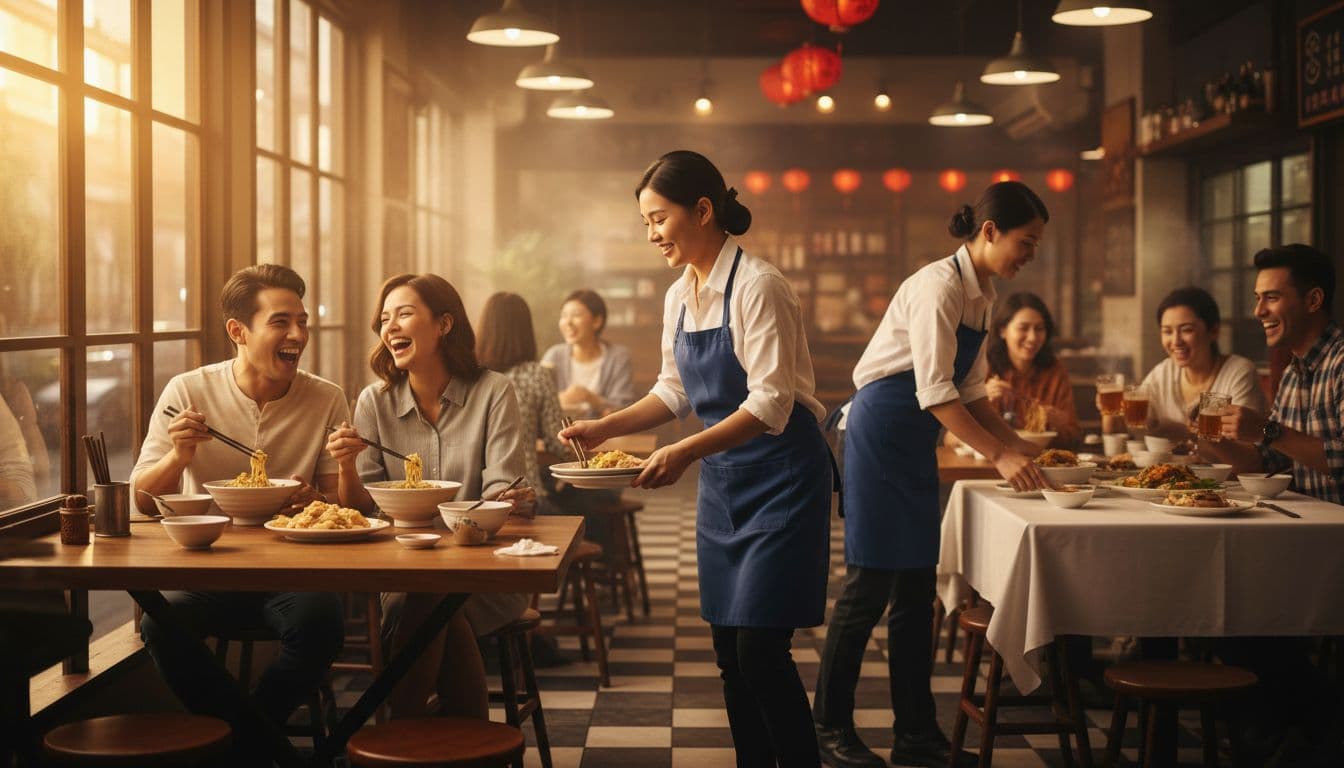 Interior of a vibrant Taiwanese bistro during dinner rush, featuring servers quickly turning tables with clean setups and happy guests seated under warm golden hour lighting.