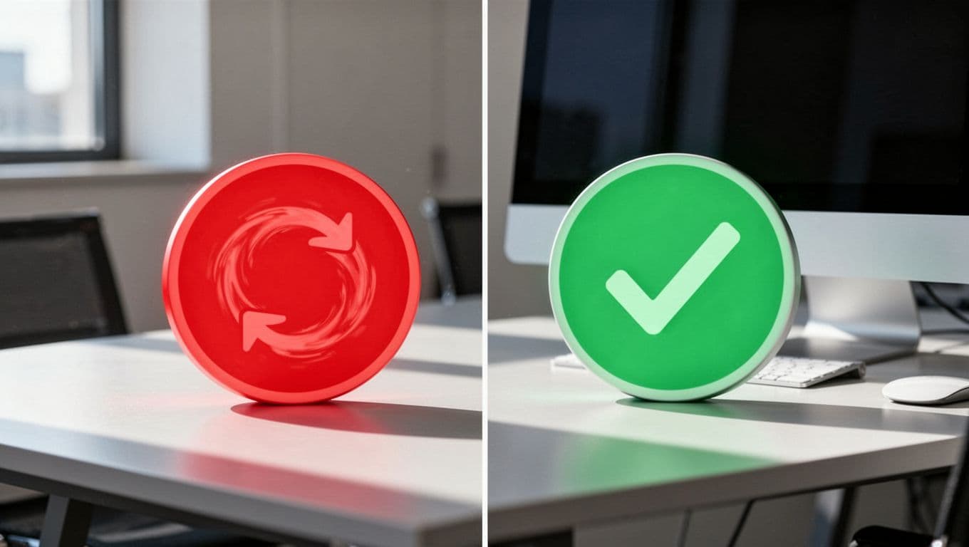 Visual comparison chart of website speed before (left, red slow-loading icon) and after (right, green fast-completed icon) optimization, simple chart style on office background, realistic, no text.