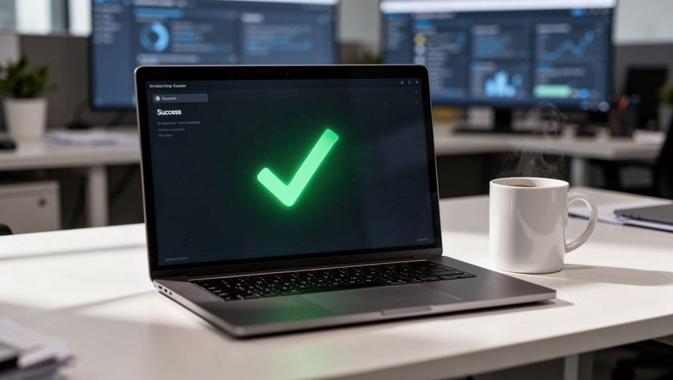 Laptop on office desk shows green checkmark for cache success, coffee cup nearby.