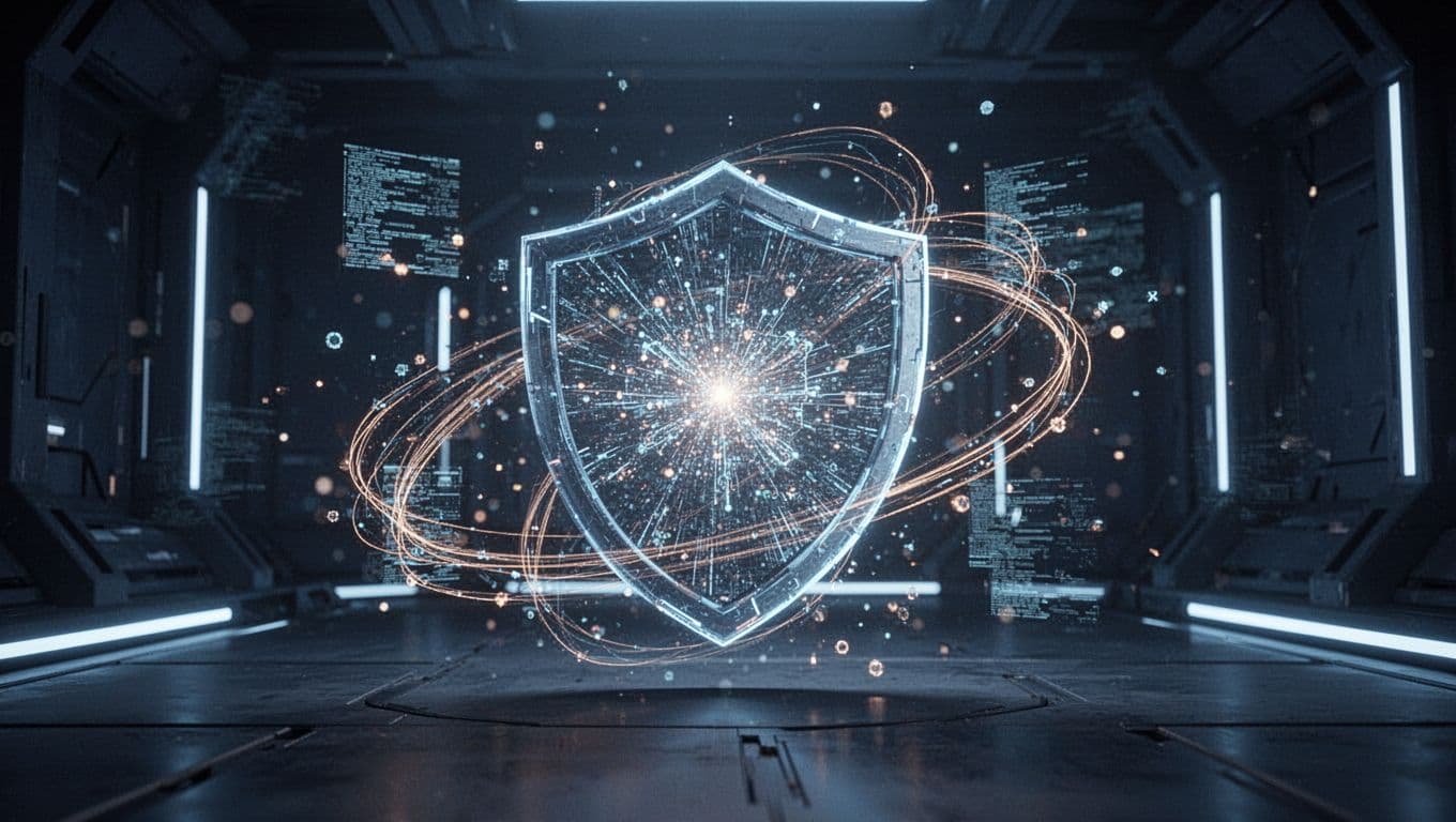 A glowing protective shield of data lines surrounds a central node in a dark digital space.