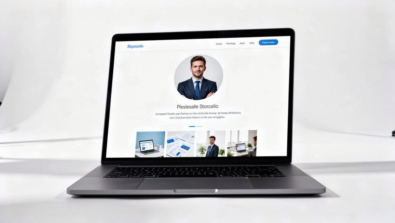 Angled laptop screen shows minimalist website with professional headshot, intro, and portfolio blocks on white background with blue accents.