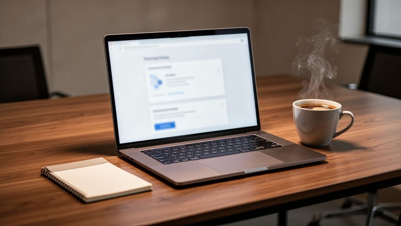 A clean wooden desk features a high-end laptop, a notepad, and a cup of coffee.