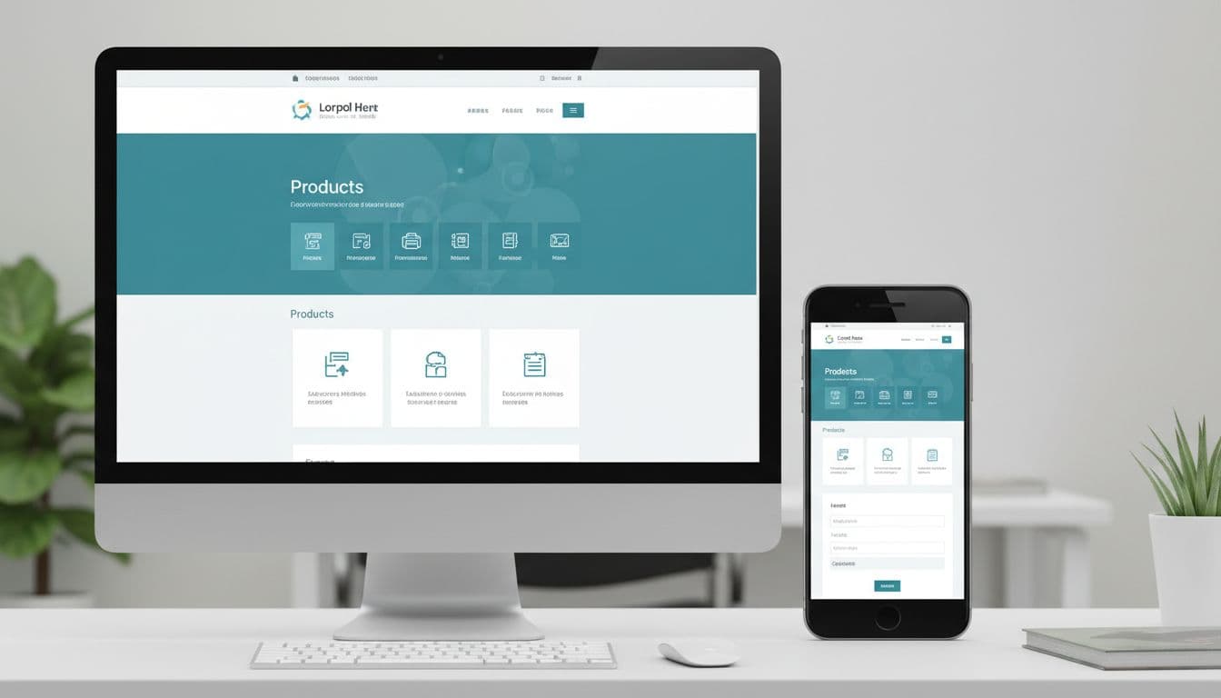 Side-by-side desktop and mobile views of modern blue-green corporate website.