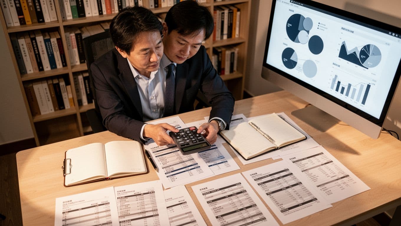 Overhead view of Taiwanese business owner holding calculator over desk with WordPress printouts, tax forms, notebook; background bookshelf, computer charts.