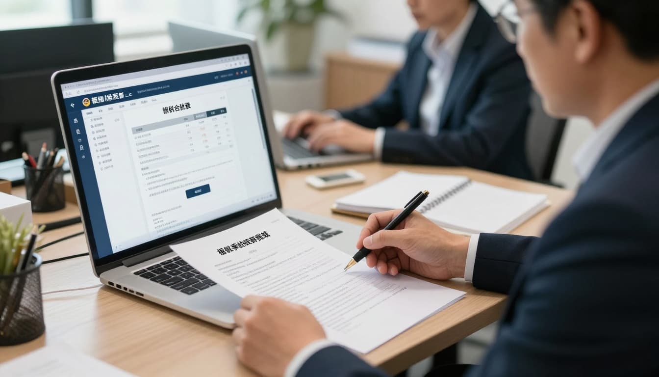 Middle-aged Taiwanese businessman sits at office desk with website contracts, invoices, and computer showing tax software in modern office.