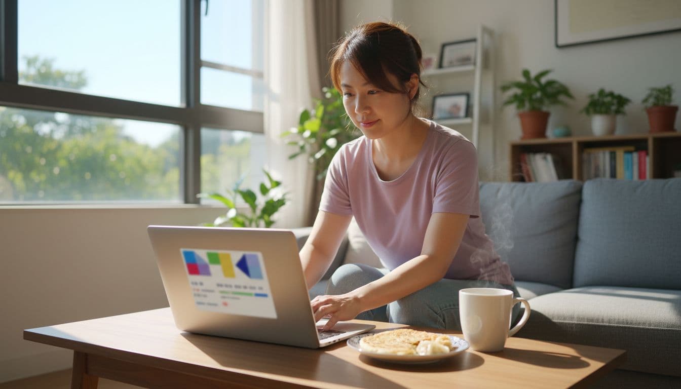 Taiwanese office worker sits at living room table with laptop, coffee cup, and snacks, sunlight through window.