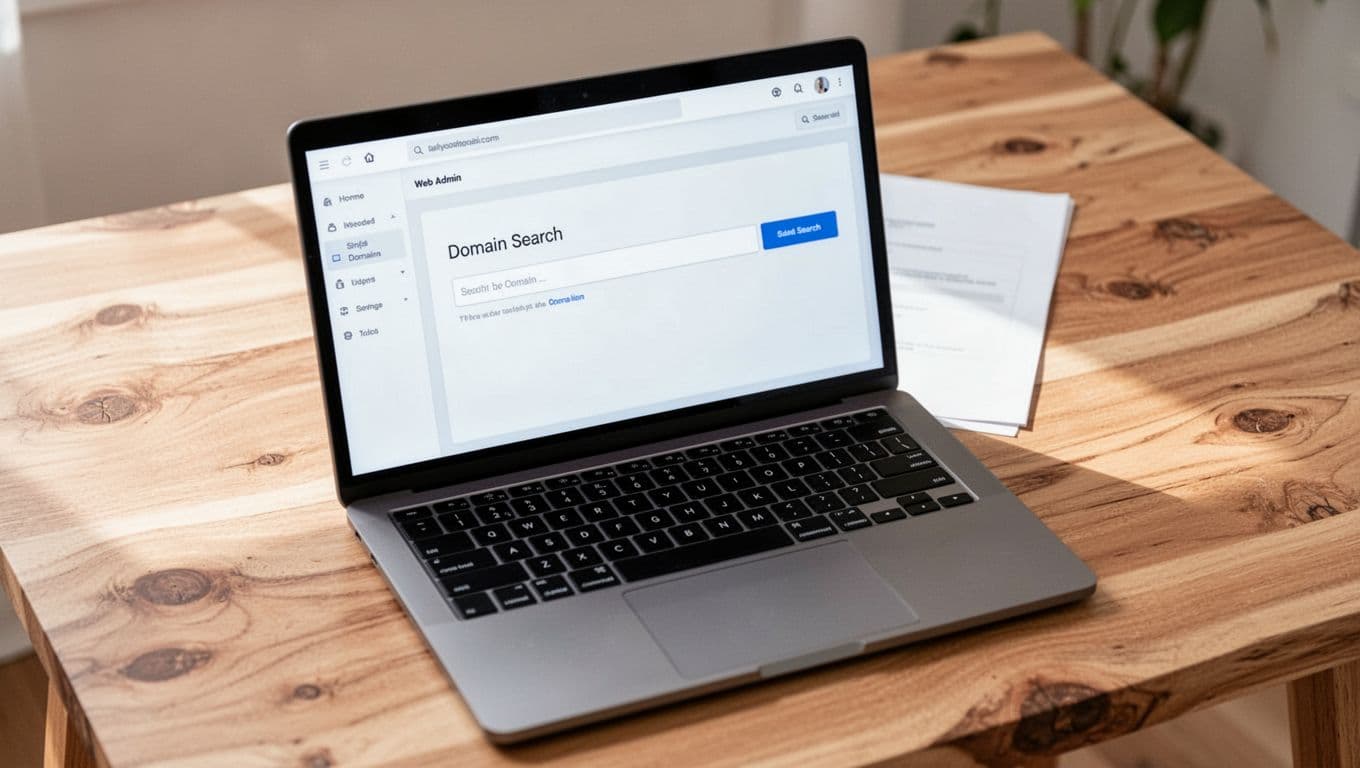 Laptop on wooden desk shows WordPress dashboard with adjacent domain registration page open.