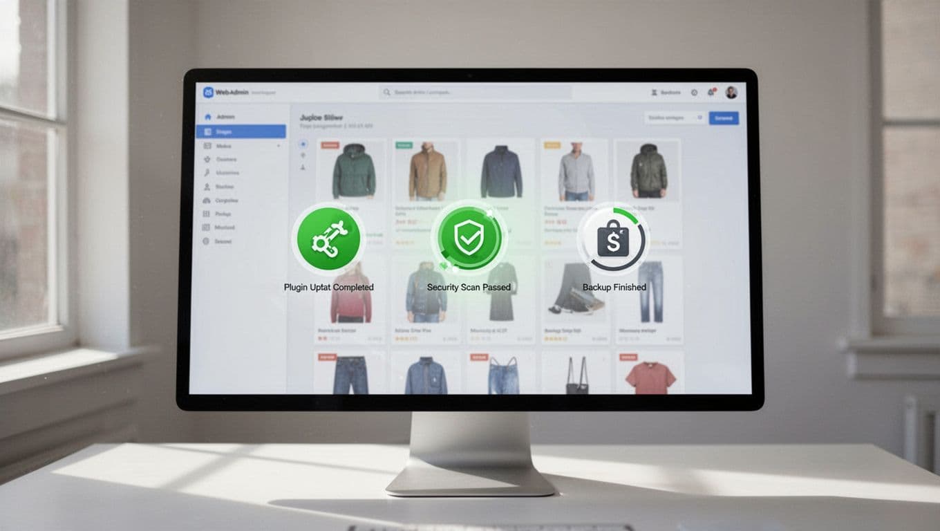 WordPress admin screen shows updated plugins, normal security scan, green backup light, and fast e-commerce product page background.