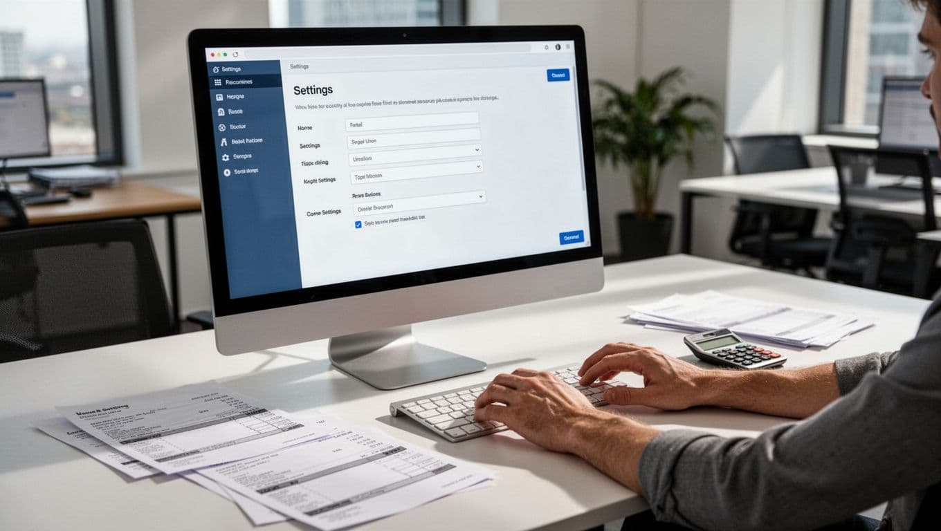 Computer screen displays WordPress settings page on desk with invoices, calculator, and relaxed hands nearby.