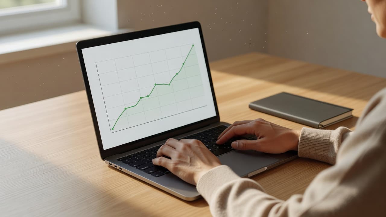 A sleek silver laptop rests on a minimalist wooden desk, displaying a rising green analytical chart. Beside it, a leather-bound notebook lies open in soft morning light filtering from nearby windows.